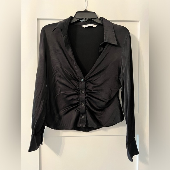 ZARA Women | Black | Fitted Satin Effect Ruched Shirt - Picture 2 of 9